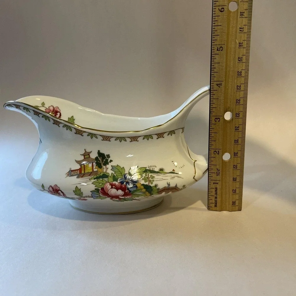 Vintage Crown Staffordshire England‎ Pagoda Gravy Boat w/ Under-Plate Oriental